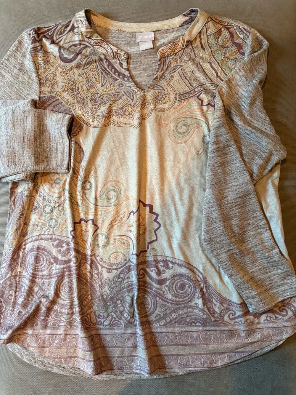 Chico's Cream, Gray & Purple Paisley Long Sleeve Top